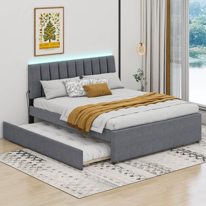 Cosmic Teddy Fleece Queen Size Upholstered Platform Bed with Trundle Wayfair Canada